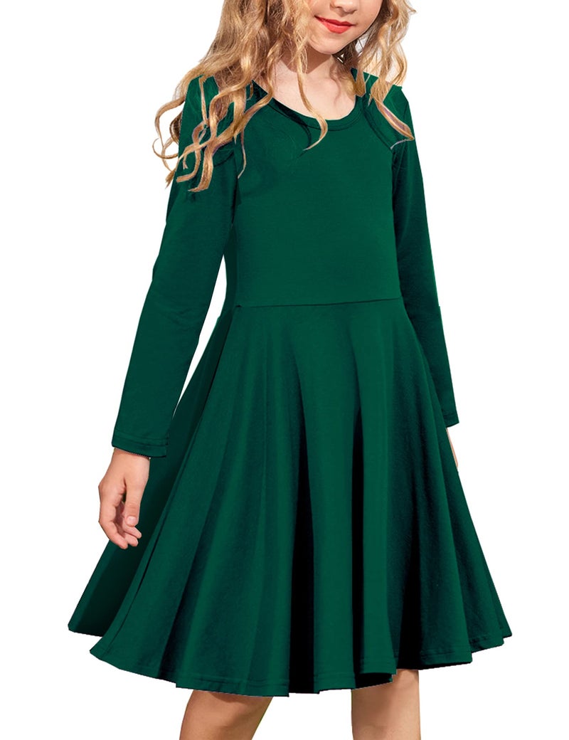 Arshiner Girls' Cotton Long Sleeve Twirly Skater Party Dress, Grass Green, 9 Years - Image 1